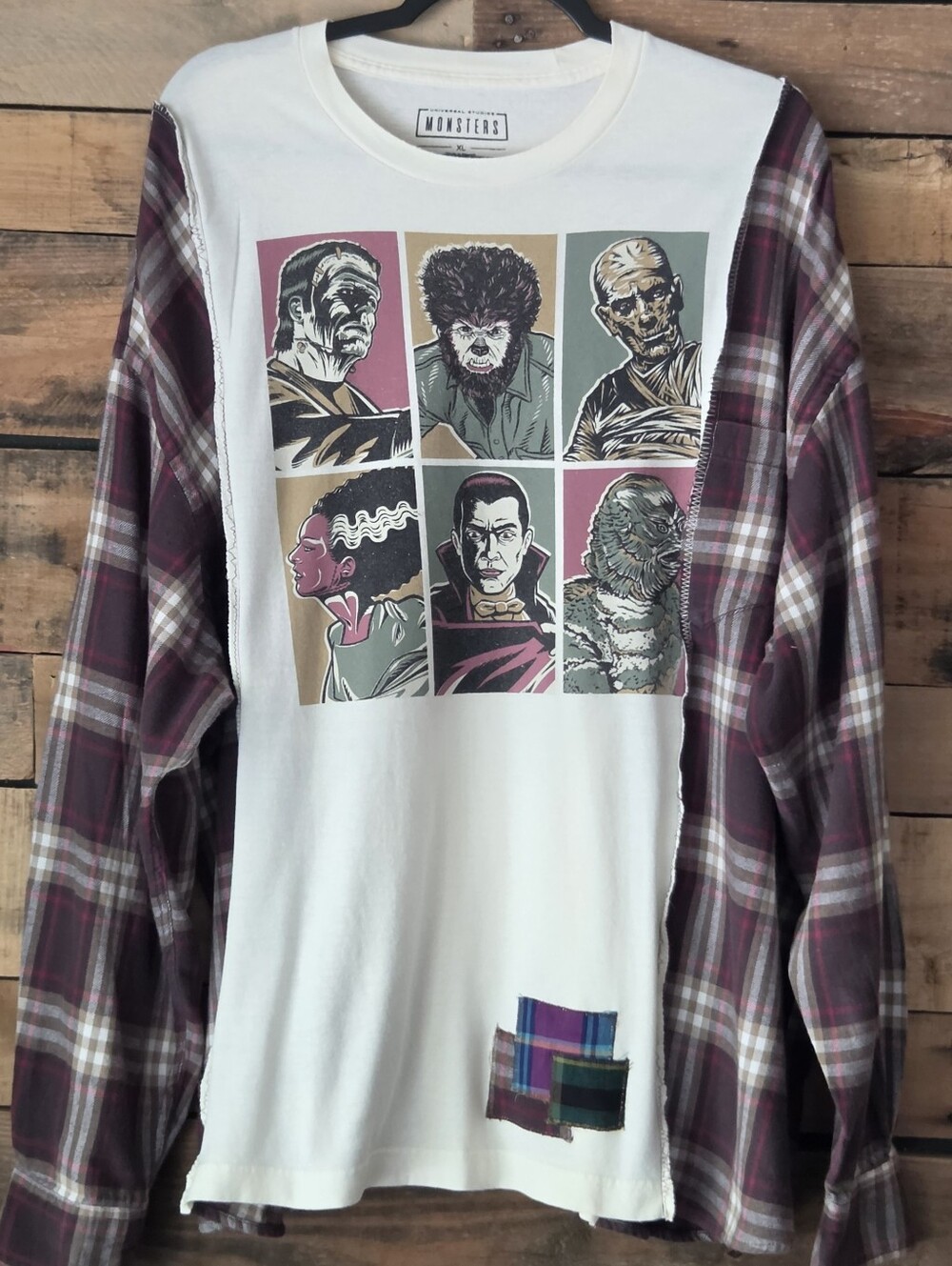 Upcycled White Graphic Front Plaid-Sleeve Long Sleeve Shirt